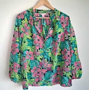 Lilly Pulitzer Silk Elsa Skip On It Top Frogs Floral Pink Tropical Luxury Preppy